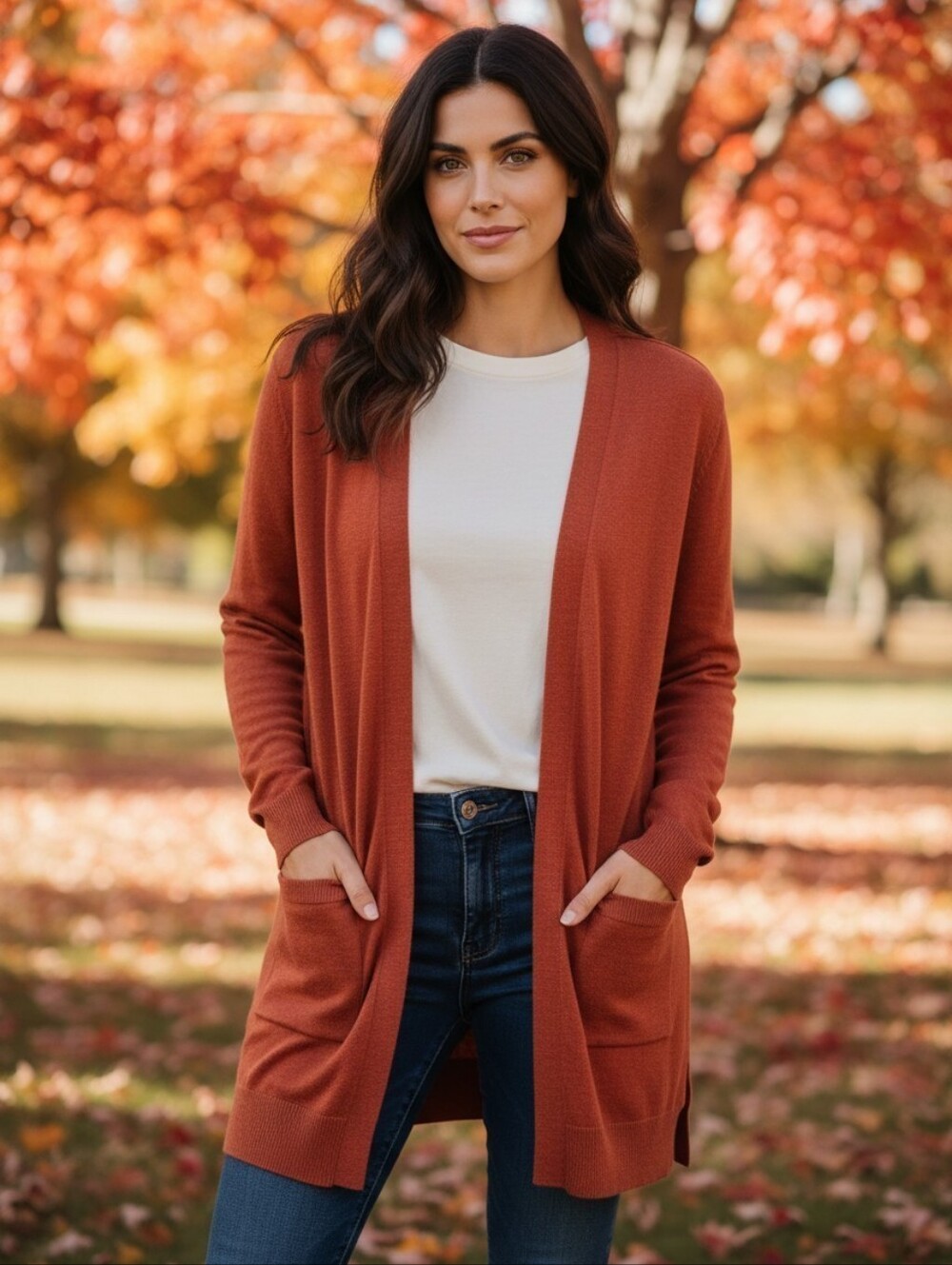 Rust Brick Red Open-Front Women’s Cardigan Sweater w/ Pockets NEW Casual, XL